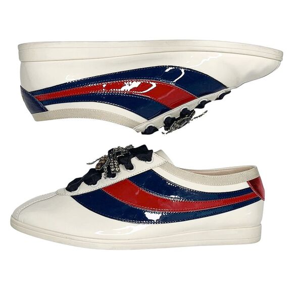 Gucci Falacer Patent Leather Sneakers 38 White Red Blue Bee Crystal Low Top - Picture 5 of 11